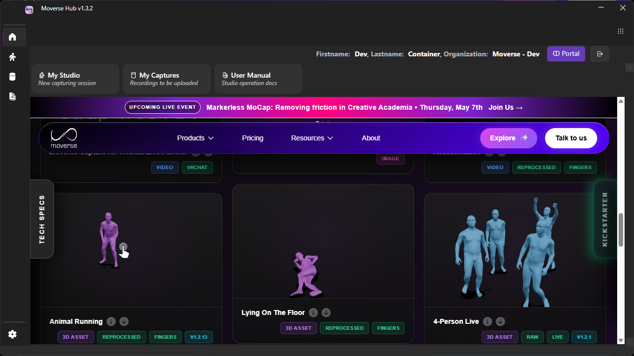 Moverse Capture Studio interface